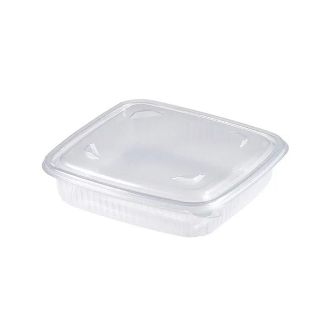 Kvadratna posodica za tople jedi iz PP materiala s pritrjenim pokrovom