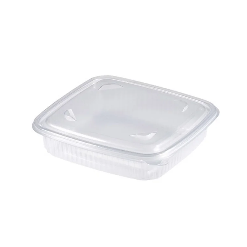 Kvadratna posodica za tople jedi iz PP materiala s pritrjenim pokrovom